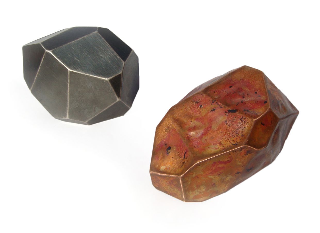 Annette Dam. ARE YOU CUT OUT TO BE BRILLIANT? #4 Brooches, 2010 Copper, silver, gold plated, cibatool, lacquer/ Copper, silver, gold plated, cibatool. 50x40x30mm/ 50x50x30 mm.