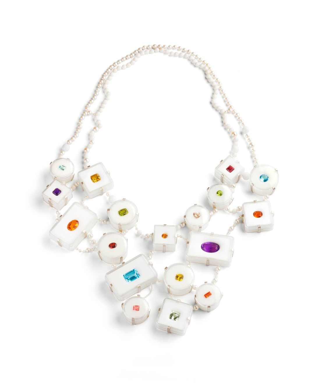 Annette Dam. 84,5 ct, Necklace, 2011 Siver, corals, freshwater pearls, plastic boxes, tourmalines, topazes, periods, aquamarines, garnet, citrines, amethyst, spessetite, phrasiolit, amesin. 400x300x25mm