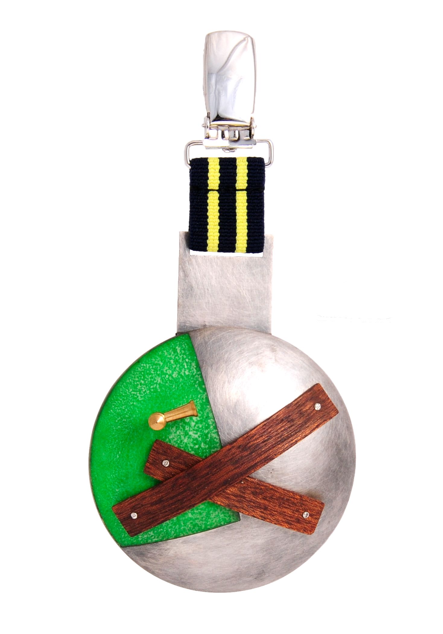 Annette Dam. BARRICADED Brooch, 2010 Silver, brass, epoxy, mahogany, elastic, clips. 120x55x15mm