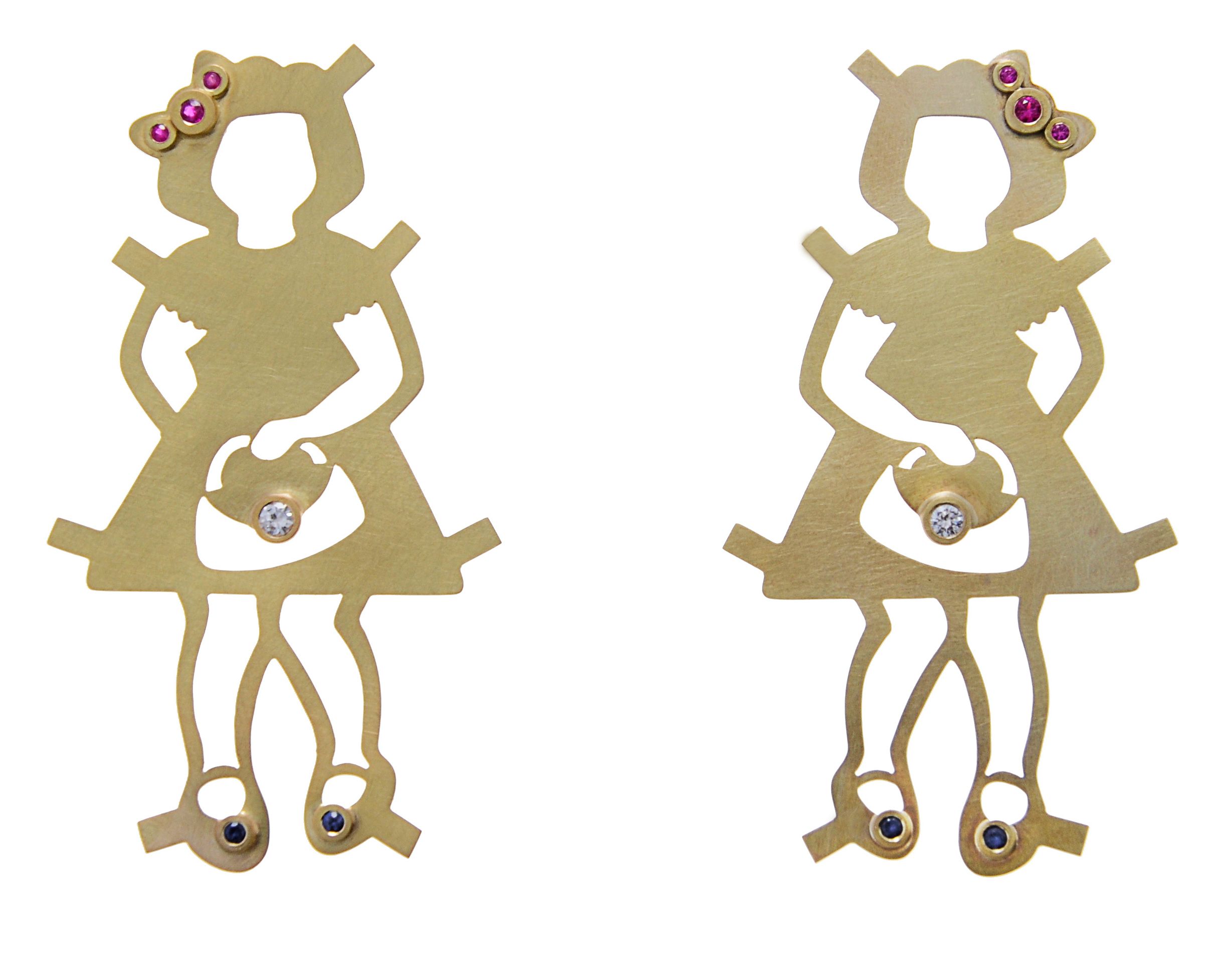 Annette Dam. PRECIOUS OR NOT, HERE I COME Brooches, 2010 18K gold, diamond, sapphires, rubies /Brass, synthetic stones 9x5x0.5cm